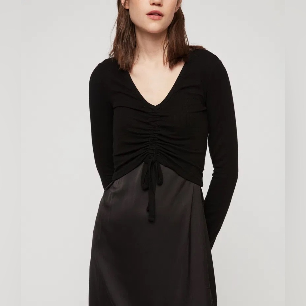 All Saints Black Satin Slip Dress with Knit Top Set - Picture 3 of 12